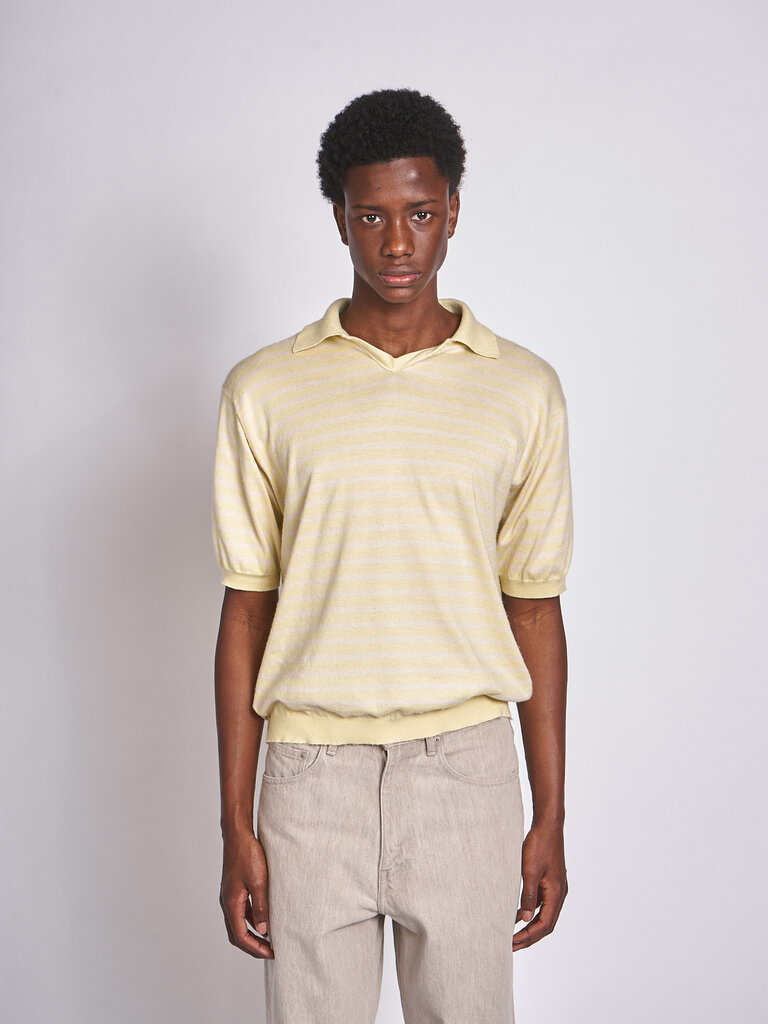 Auralee Polo High Gauge Cotton Knit Skiper Jaune Rayures Roses