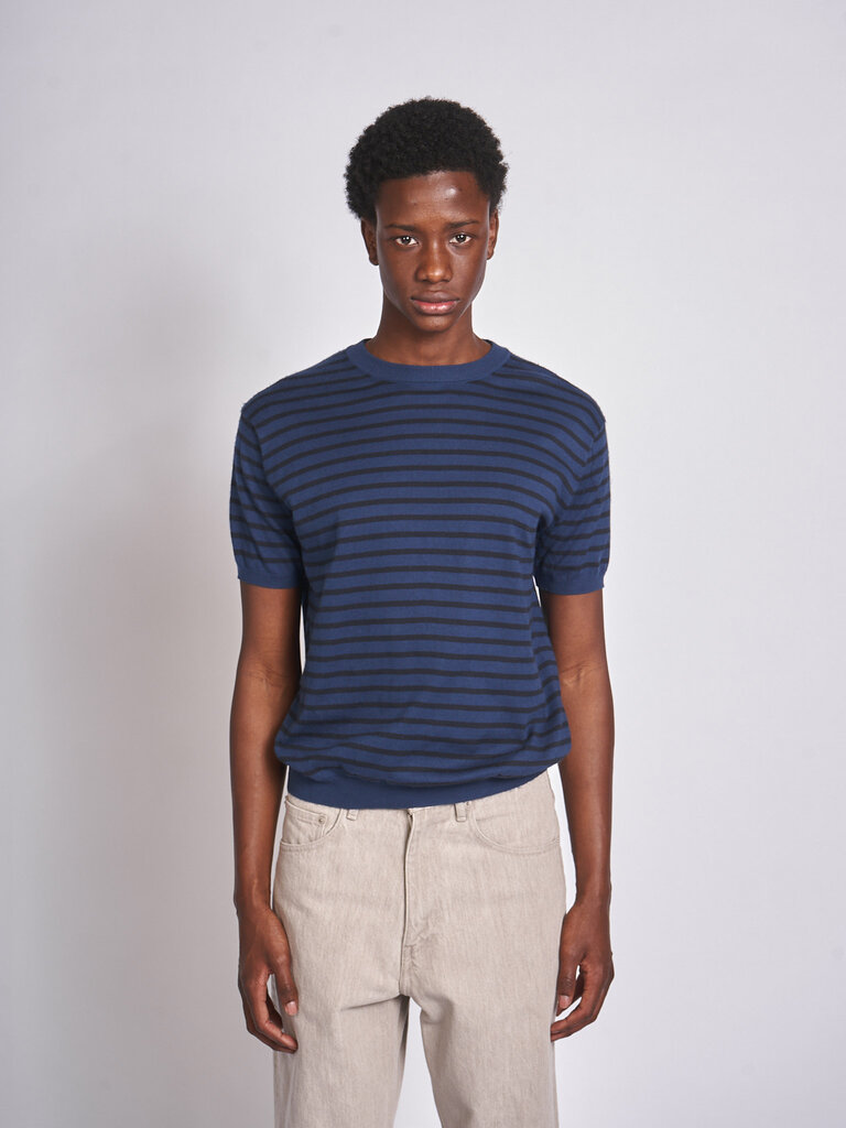 Auralee Bleu Rayures Marines High Gauge Cotton Knit T-shirt