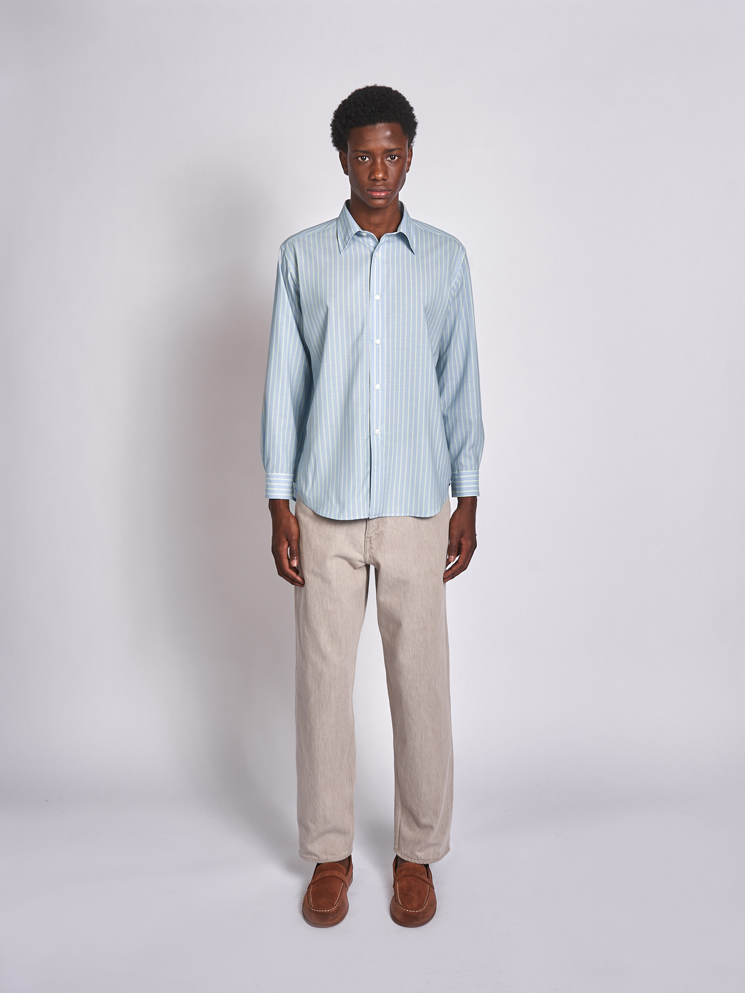 Auralee: Bleu Rayures Limes Super Fine Wool Strip Shirt | Men's