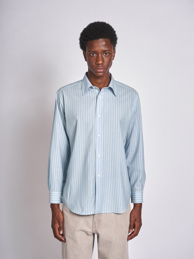Auralee Bleu Rayures Limes Super Fine Wool Strip Shirt