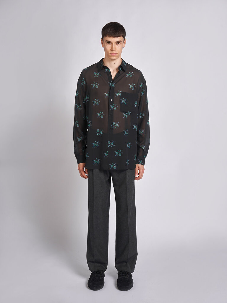 Auralee Ink Black Printed Airy Silk Georgette Shirt