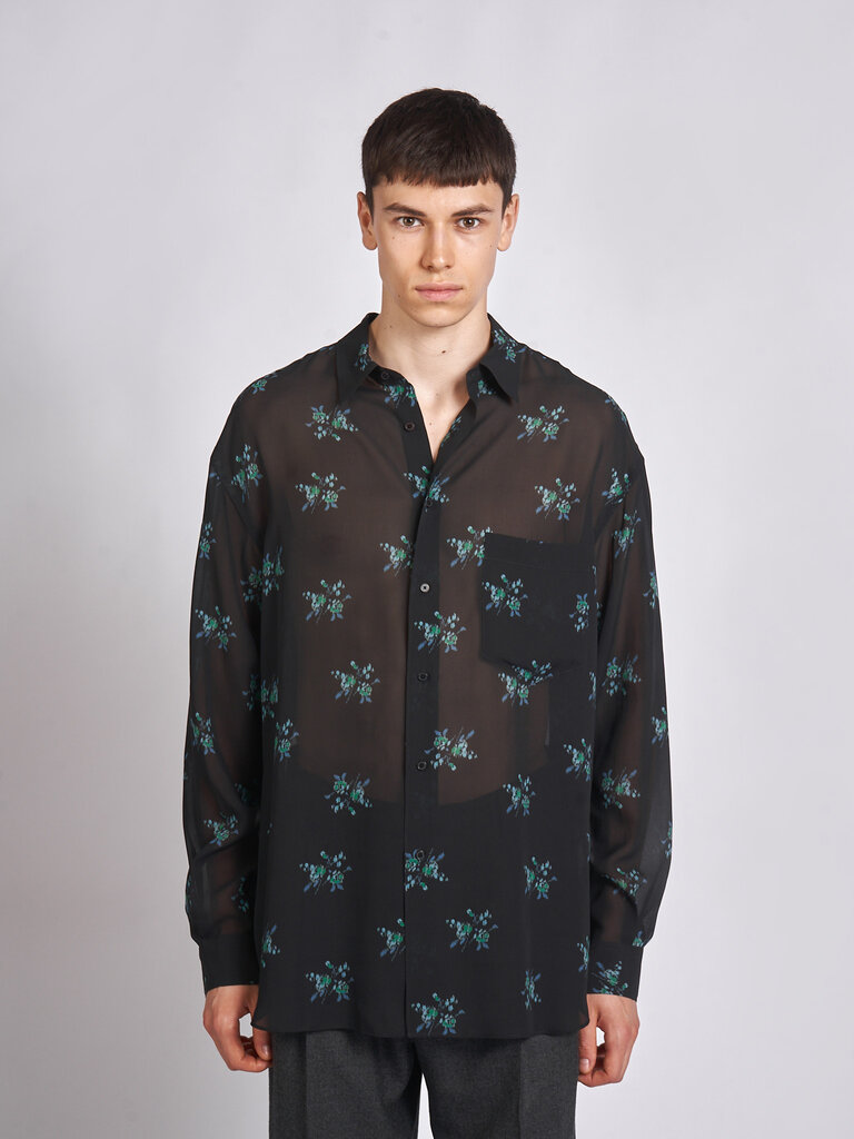 Auralee Ink Black Printed Airy Silk Georgette Shirt