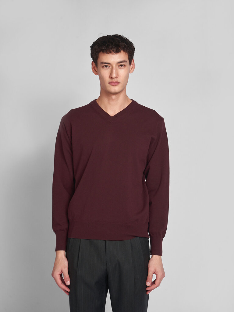Auralee Red Brown High Twist Wool V-Neck Sweater