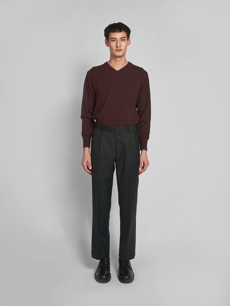 Auralee Charcoal/Navy Pinstripes Bluefaced Wool Two-Tuck Pants