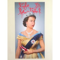 MR. BRAINWASH LIFE IS BEAUTIFUL YOUNG QUEEN ELIZABETH WITH CAN OF SPRAY PAINT