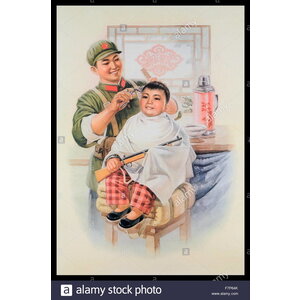 CHINESE PROPAGANDA BOY AND BARBER POSTER