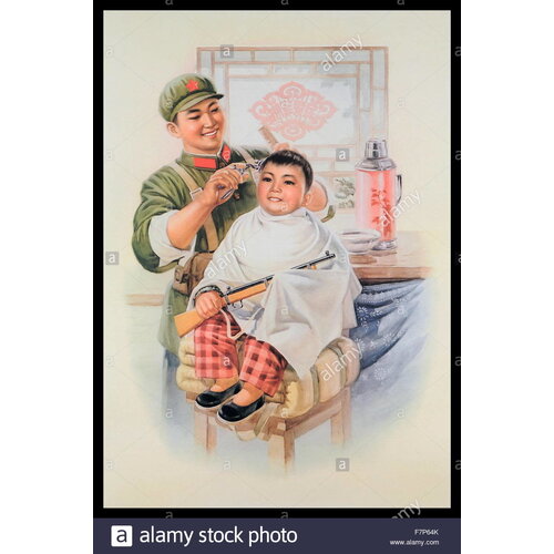 CHINESE PROPAGANDA BOY AND BARBER POSTER CHINESE PROPAGANDA BOY AND BARBER POSTER