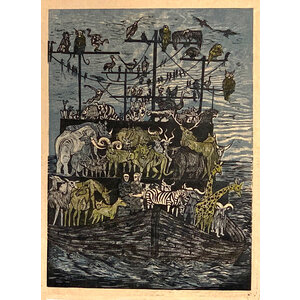 JOHN JAUQUET SIGNED NOAH'S ARK WOODCUT PRINT JOHN JAUQUET SIGNED NOAH'S ARK WOODCUT PRINT
