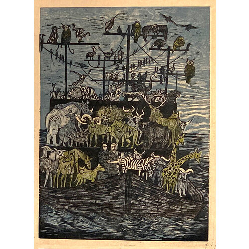 JOHN JAUQUET SIGNED NOAH'S ARK WOODCUT PRINT JOHN JAUQUET SIGNED NOAH'S ARK WOODCUT PRINT