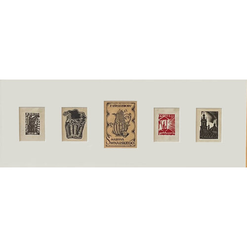 GROUP OF FIVE POLISH BOOKPLATES FRAMED GROUP OF FIVE POLISH BOOKPLATES FRAMED