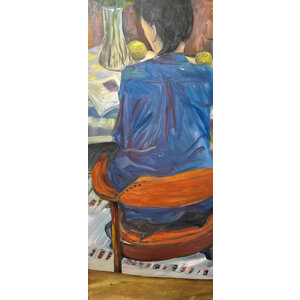 PAINTING OF BACK OF SEATED WOMAN DRESSED IN BLUE