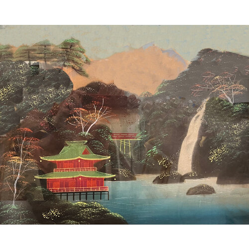 JAPANESE TEMPLE SCENE WITH LAKE AND WATERFALL