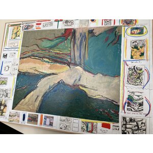 CHARLES REDDINGTON YELLOW BLUE ABSTRACT PAINTING AND COLLAGE