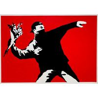 BANKSY/WEST COUNTRY PRINCE LOVE IS IN THE AIR (MASKED FLOWER THROWER) RED PRINT