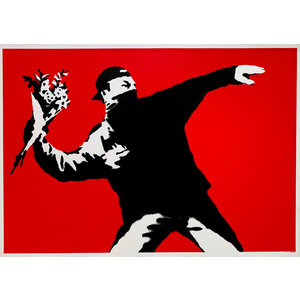BANKSY / THE WEST COUNTRY PRINCE LOVE IS IN THE AIR (MASKED FLOWER THROWER) RED PRINT