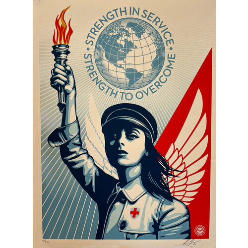 SHEPARD FAIREY STRENGTH IN SERVICE STRENGTH TO OVERCOME SIGNED PRINT SHEPARD FAIREY STRENGTH IN SERVICE STRENGTH TO OVERCOME SIGNED PRINT