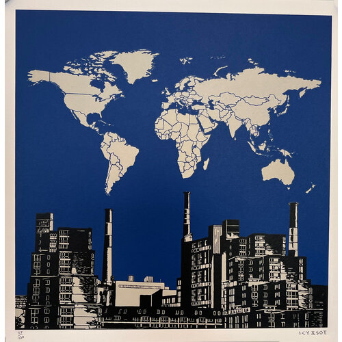 ICY AND SOT SIGNED GLOBALIZATION PRINT WORLD MAP ABOVE URBAN SCENE