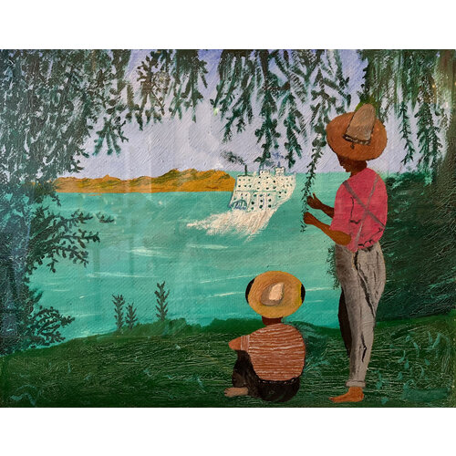 SIGNED GULLAH ART: TWO MEN WATCHING SHIP SIGNED GULLAH ART: TWO MEN WATCHING SHIP