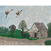 SIGNED GULLAH ART: TWO GEESE FLYING OVER HOUSE