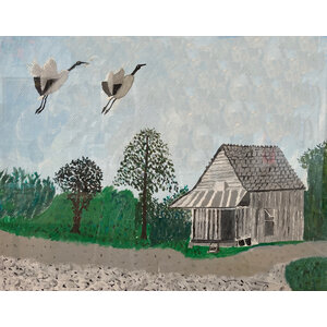 SIGNED GULLAH ART: TWO GEESE FLYING OVER HOUSE SIGNED GULLAH ART: TWO GEESE FLYING OVER HOUSE