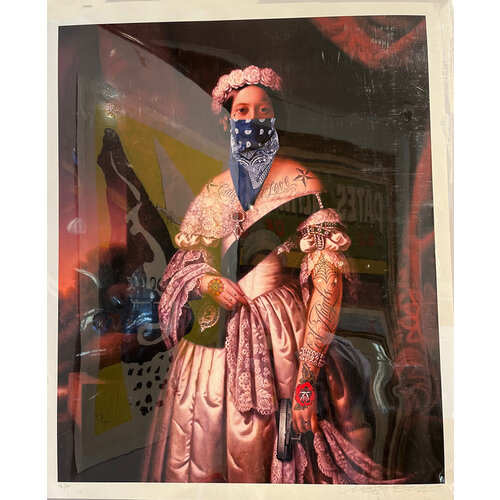 WOMAN WITH BLUE BANDANA AND GUN SIGNED SCREEN PRINT WOMAN WITH BLUE BANDANA AND GUN SIGNED SCREEN PRINT