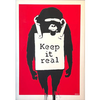 BANKSY/WEST COUNTRY PRINCE  MONKEY WITH RED BACKGROUND  KEEP IT REAL PRINT