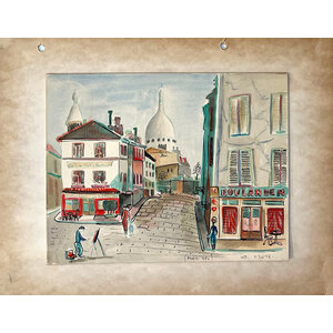 WILLIAM FREDERICKSEN SIGNED WATER COLOR & INK DRAWING TITLED "PARIS 1946"