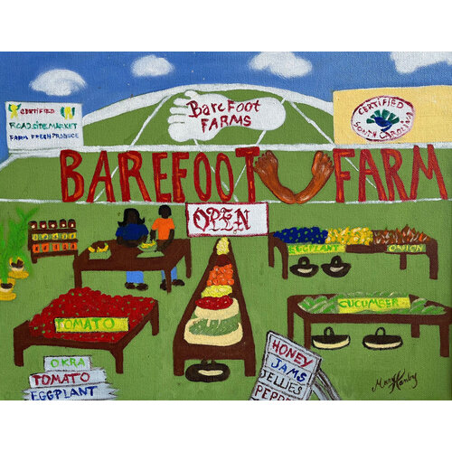 MARY HANBY SIGNED BAREFOOT FARM OIL PAINTING ON CANVAS (GULLAH) MARY HANBY SIGNED BAREFOOT FARM OIL PAINTING ON CANVAS (GULLAH)