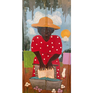 JOHNNIE GRINER SIGNED WASH DAY PAINTED PANEL(GULLAH) JOHNNIE GRINER SIGNED WASH DAY PAINTED PANEL(GULLAH)
