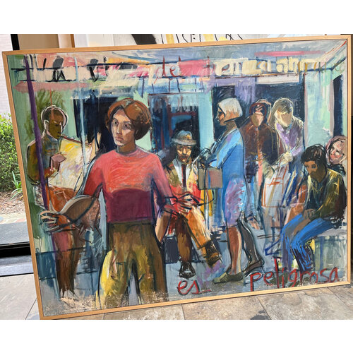 ORIGINAL SIGNED  OIL ON CANVAS OF PEOPLE ON SUBWAY