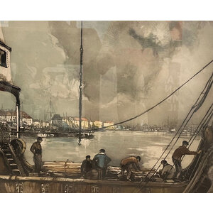 SIGNED PRINT OF MEN UNLOADING TIMBER AT WHARF