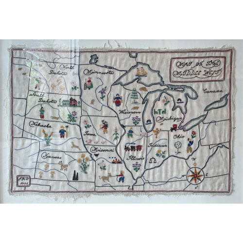 1932 HAND-EMBROIDERED MAP OF THE MIDDLE WEST