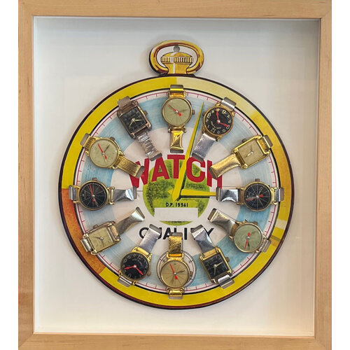 FRAMED VINTAGE STORE ADVERTISING DISPLAY OF TINPLATE WATCHES FRAMED VINTAGE STORE ADVERTISING DISPLAY OF TINPLATE WATCHES