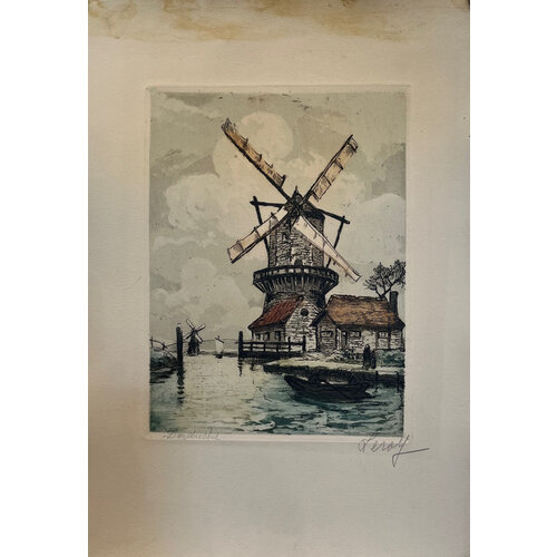SIGNED COLOR ETCHING OF WINDMILLS AT DORDRECHT SIGNED COLOR ETCHING OF WINDMILLS AT DORDRECHT