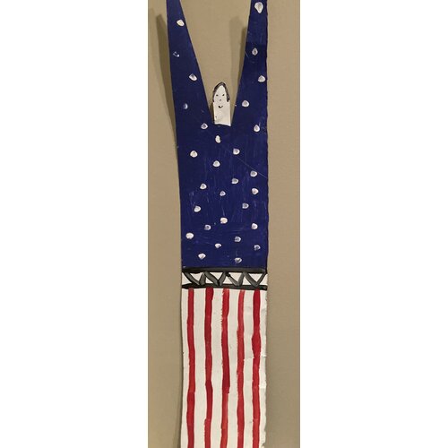 R.A. MILLER SIGNED TIN FIGUREOF MAN WITH ARMS RAISED DRESSED IN RED, WHITE AND BLUE R.A. MILLER SIGNED TIN FIGUREOF MAN WITH ARMS RAISED DRESSED IN RED, WHITE AND BLUE