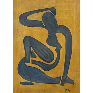 SIGNED PAINTING ON WOOD - BLUE NUDE