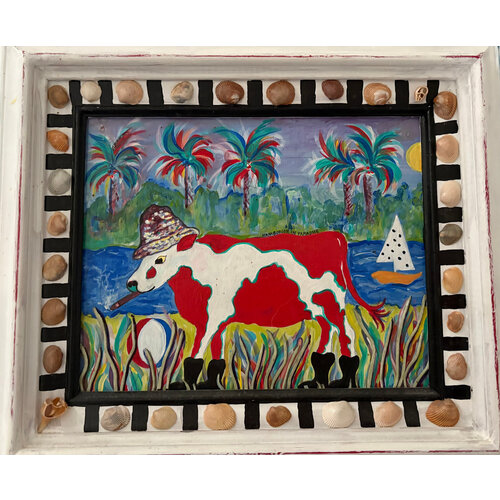 HELEN NEWTON SIGNED PAINTING HAMBURGER IN PARADISE HELEN NEWTON SIGNED PAINTING HAMBURGER IN PARADISE
