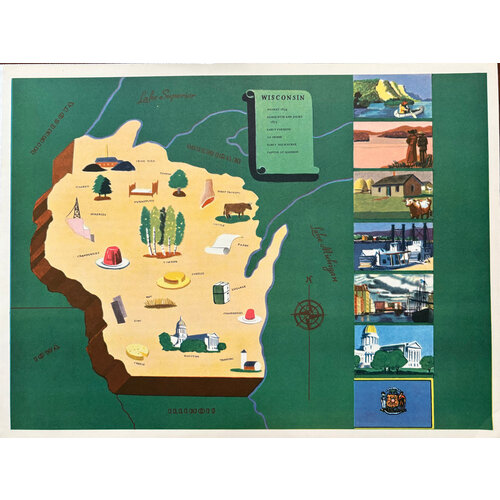 NEW YORK WORLD'S FAIR 1939 PICTORAL STATE MAP WISCONSIN NEW YORK WORLD'S FAIR 1939 PICTORAL STATE MAP WISCONSIN