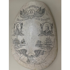 SIMULATED  ALBINO SEA TURTLE SHELL SCRIMSHAW WITH HISTORICAL FIGURES AND SCENES