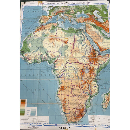 DENOYER-GEPPERT PHYSICAL-POLITICAL MAP OF AFRICA 1948 EDITION
