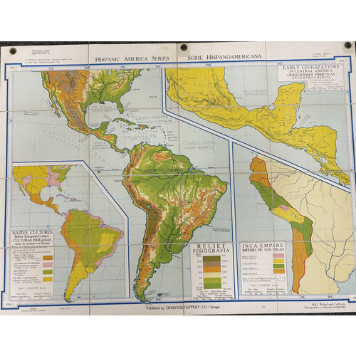 DENOYER-GEPPERT MAP HISPANIC AMERICA SERIES HA1 RELIEF AND CULTURES