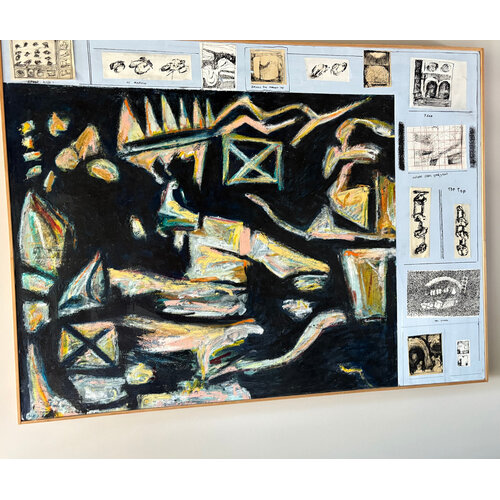 LARGE ABSTRACT PAINTING WITH COLLAGE BORDER ON SIDE AND TOP