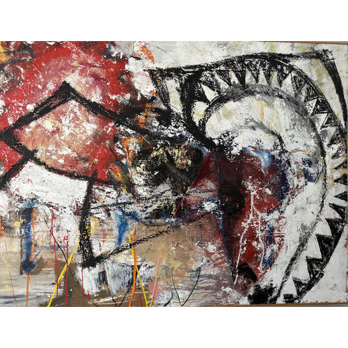LARGE ABSTRACT PAINTING RED BLACK AND WHITE