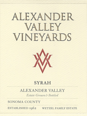 Shiraz/Syrah Syrah "Estate", Alexander Valley Vineyards, Sonoma County, CA, 2020