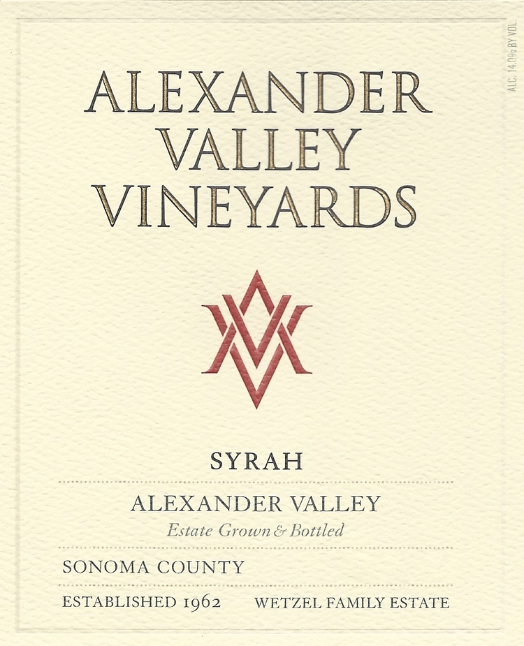 Shiraz/Syrah Syrah "Estate", Alexander Valley Vineyards, Sonoma County, CA, 2020