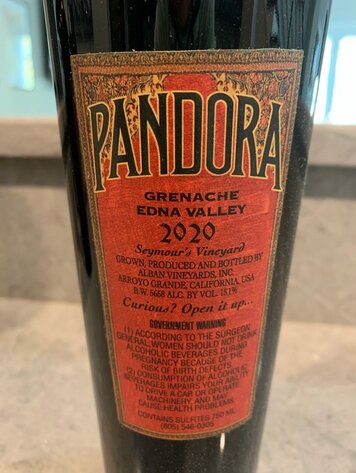 Grenache/Garnacha Grenache, "Pandora," Alban, CA, 2020