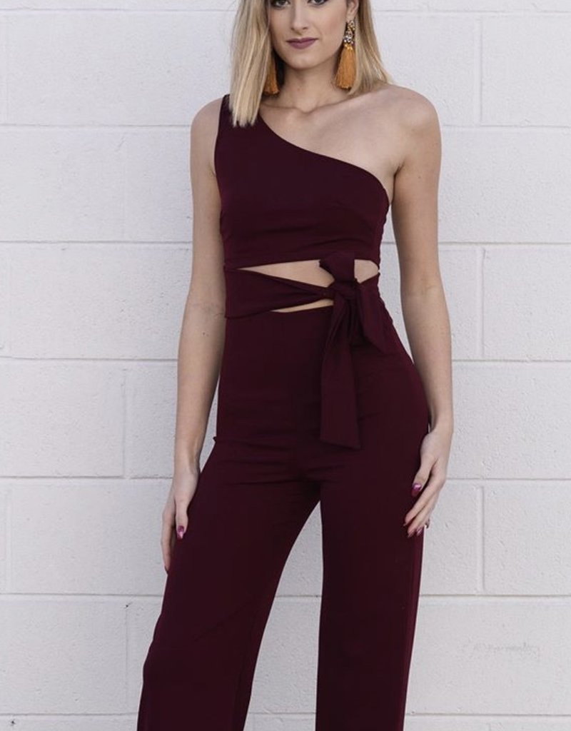burgundy one shoulder jumpsuit