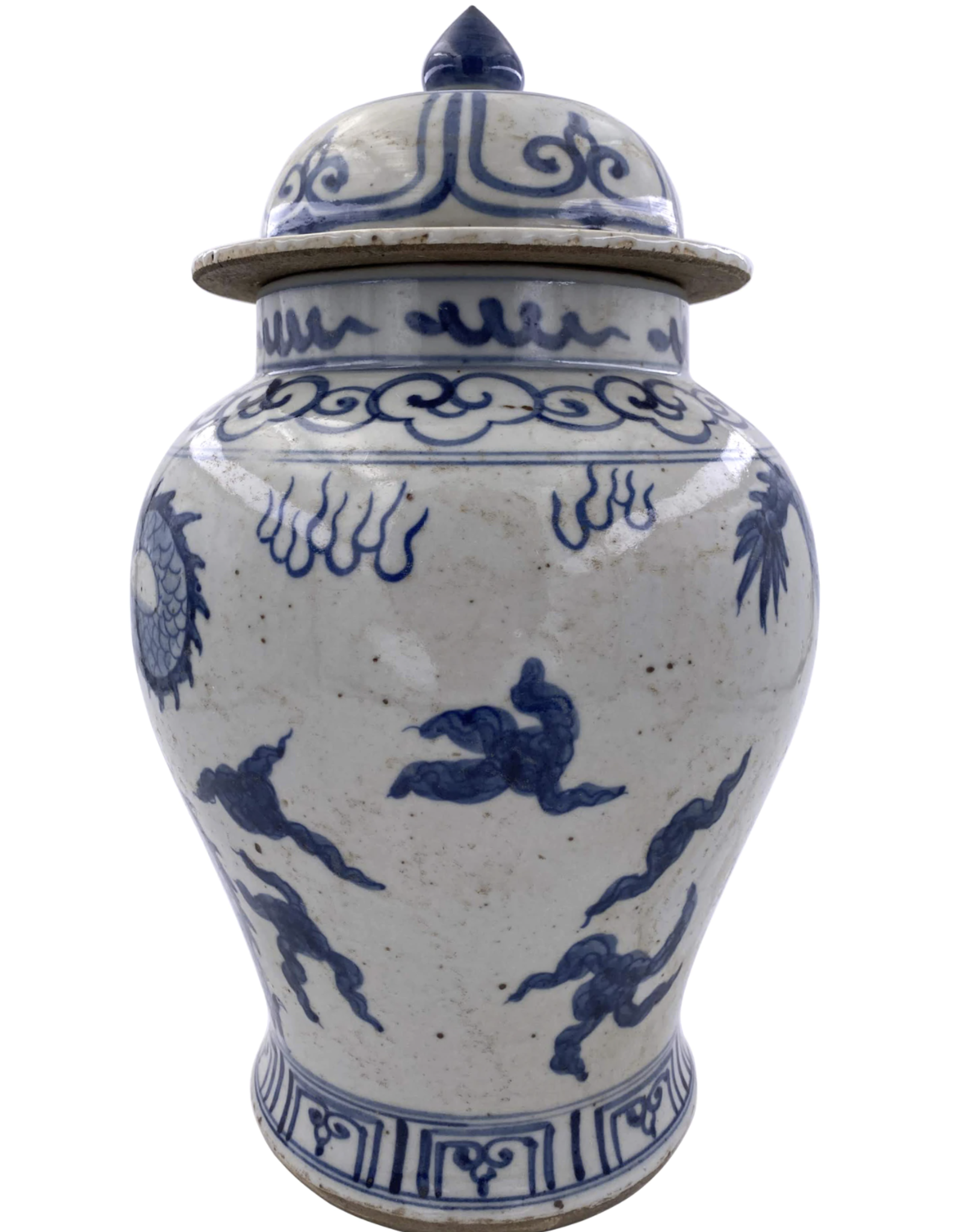 Blue & White Porcelain Temple Jar w/ Dragon - Small