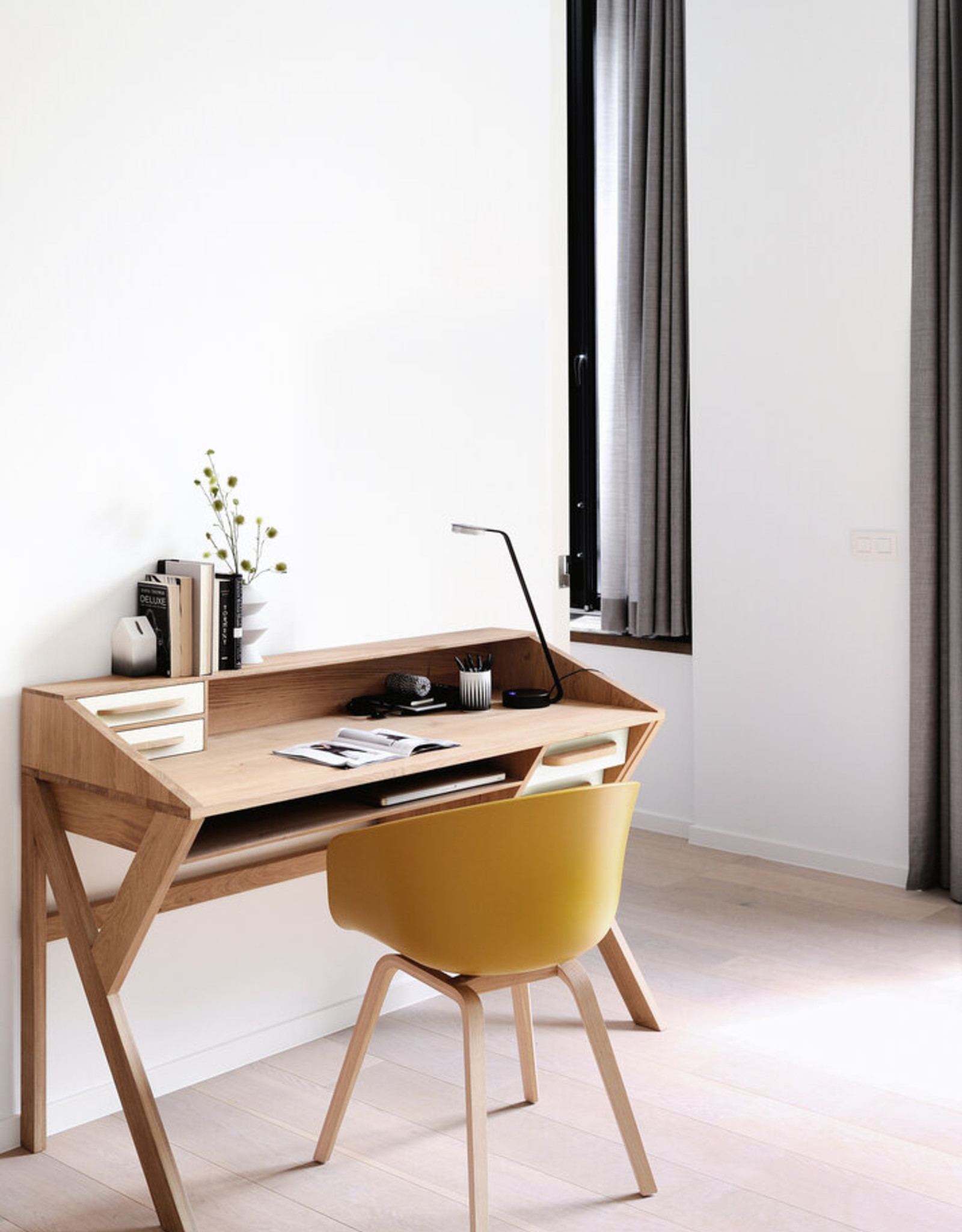 Oak Origami Desk - Cream - 5 Drawers