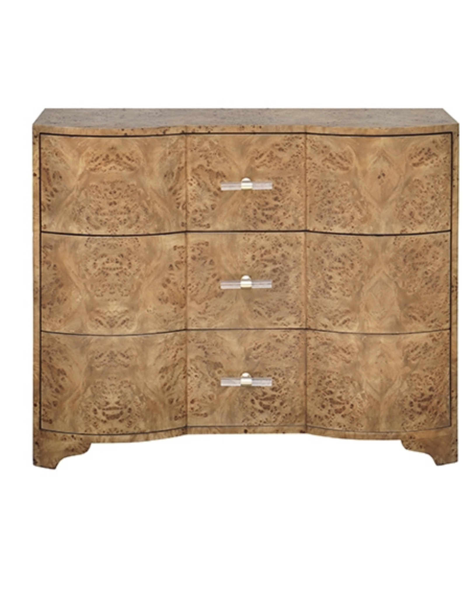 Worlds Away PLYMOUTH DBW THREE DRAWER CHEST IN DARK BURL WOOD W/ ACRYLIC HARDWARE